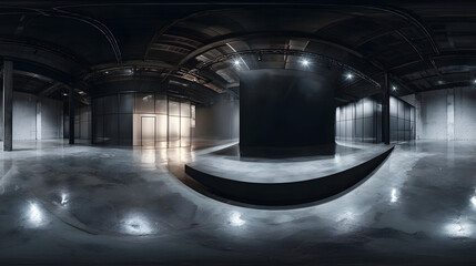 360 Degree full panorama environment map of black minimalistic studio environment with bright lights and reflections 3d render illustration hdri hdr vr virtual reality