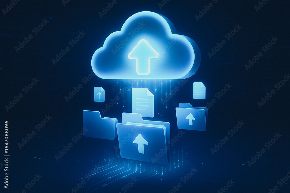 Poster cloud data transfer: a digital representation of data upload to the cloud, with glowing cloud and up