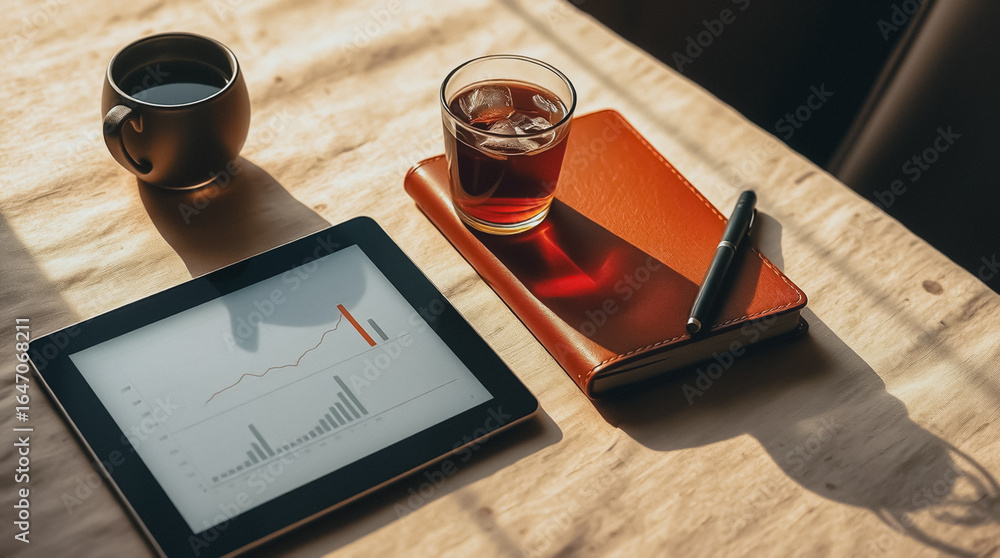 Poster morning office setup: a top-down perspective of a workspace adorned with a digital tablet displaying