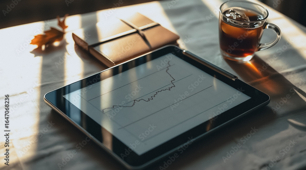 Poster Digital Workspace Still Life: A modern workspace setup featuring a tablet displaying a financial chart next to a stylish leather notebook and refreshing iced drink.
