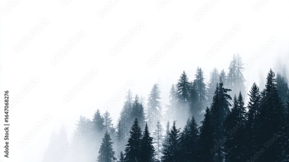 Poster serene misty forest landscape with towering evergreen trees and soft fog enveloping the scenery