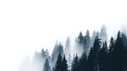 Serene misty forest landscape with towering evergreen trees and soft fog enveloping the scenery