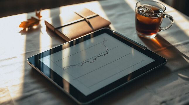 Digital Workspace Still Life: A modern workspace setup featuring a tablet displaying a financial chart next to a stylish leather notebook and refreshing iced drink.