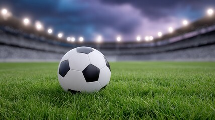 Obraz premium Wet verdant ball resting on backdrop grass, illuminated by stadium lights against dusky twilight soccer