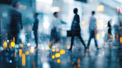 Businessmen are walking in a modern office building with a in overlay of digital charts and data, symbolizing growth and success financial the corporate world