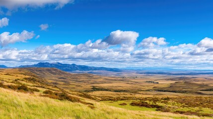 Vast panoramic view of rolling hills and valleys under a bright blue sky with fluffy clouds