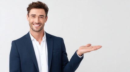 the businessman smiling while presenting something on Young palm of his hand, showcasing confidence in a professional studio setting