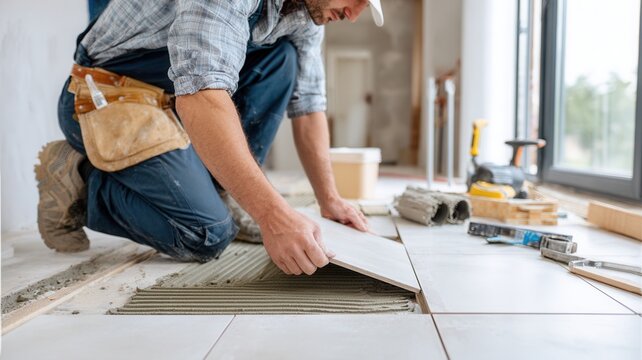Construction worker placing ceramic spacers, tile on adhesive surface using tile floor installing new flooring in apartment