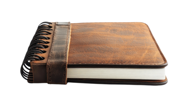 A leather-bound notebook lies on a flat surface, showcasing its texture and spiral binding, ideal for notes
