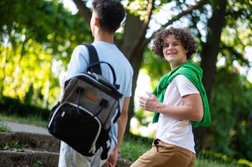 Two teens walking in the park after school and looking contented