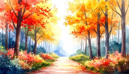 Obraz premium A vibrant watercolor painting of a peaceful path winding through a serene forest, with trees bursting in brilliant red, orange, and yellow autumn foliage