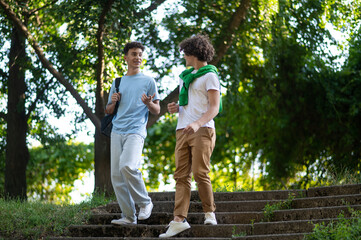 Two guys walking in the park and talking