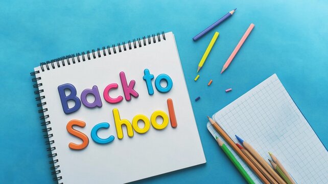 A notebook with the words "back to school" written on it. There are also colored pencils and a ruler on the table
