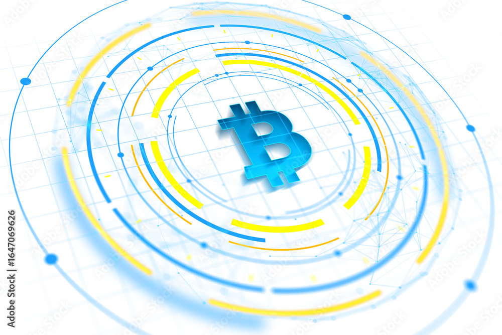 Poster blue bitcoin icon with circular tech elements in yellow on white background, abstract digital curren
