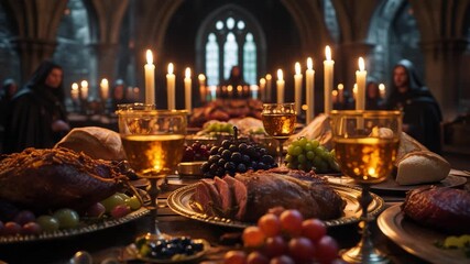 Lavish medieval banquet table with roasted meats, grapes, bread, cheese, and golden goblets under glowing candlelight in grand hall
