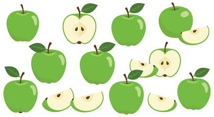 Green Apple Collection Whole Halved and Sliced Fruit on White Background