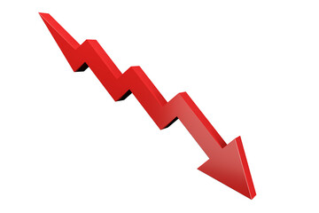 Red zigzag downward arrow isolated on white background, clean 3D Rendering style, representing financial crisis, market loss, and economic downturn