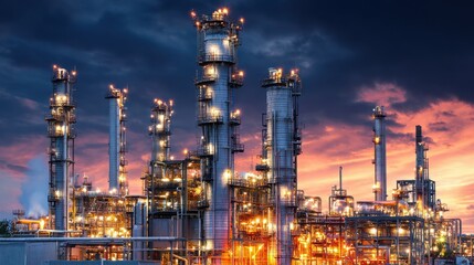 Fototapeta premium Industrial Complex at Dusk with Illuminated Structures and Dramatic Sky in Activity at Night