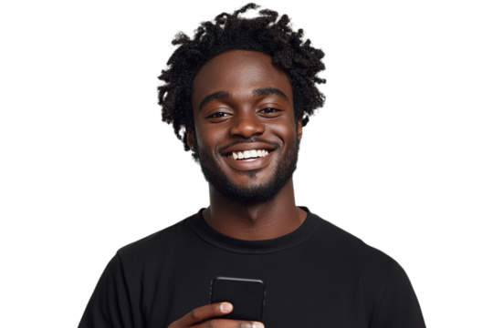Smiling African American man uses smartphone. Ideal for product photography, branding, or social media posts. PNG and transparent background available.