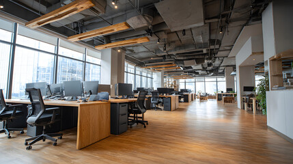 Co, working space office and sharing desk in corporate workspace