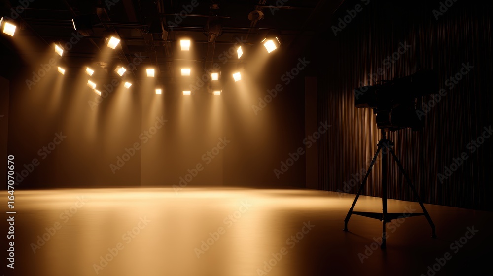 Poster a well-lit studio space with multiple spotlights illuminating a smooth floor, ready for a performanc