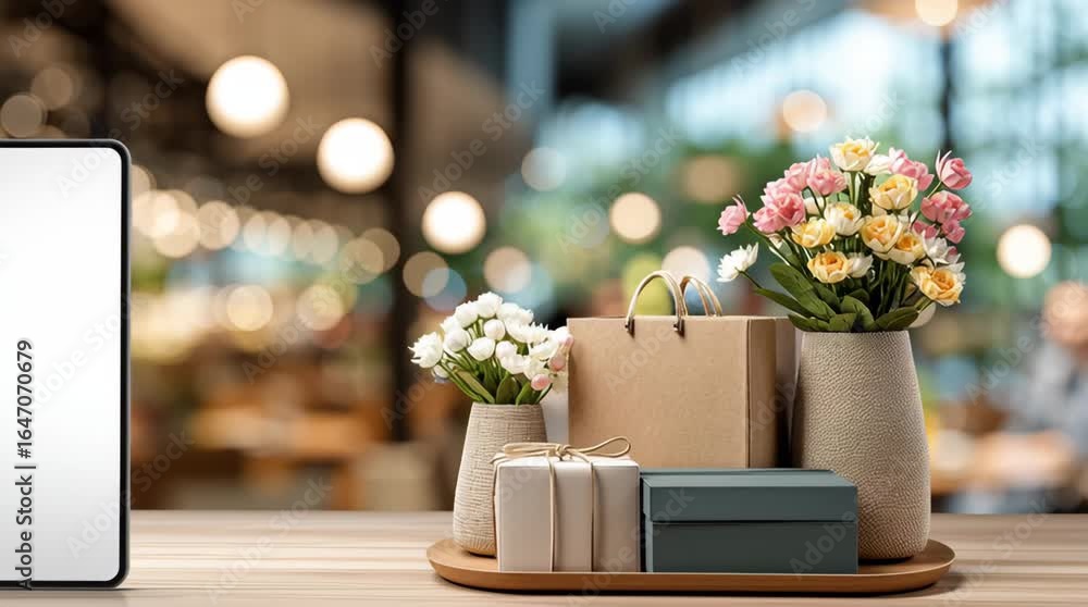 Poster decorative table display with floral arrangements and empty tablet in a cozy cafe setting during day