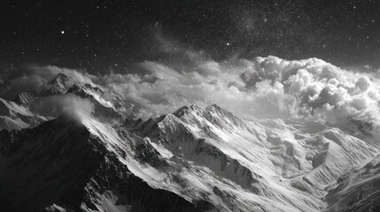 Obraz premium A monochrome image of towering, snow-covered mountains under a starry sky with drifting clouds