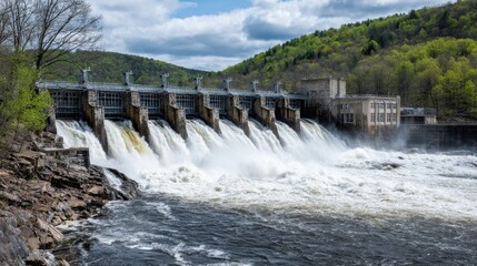 Dynamic Water Release at Power Station Surrounded by Lush Green Forest Under Blue Sky with Fluffy White Clouds
