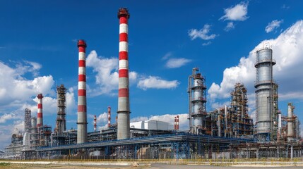Obraz premium Industrial Power Plant with Red and White Chimneys Under Clear Blue Sky and Fluffy Clouds in the Background