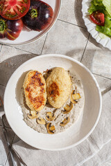 cutlets with mushroom puree and champignons