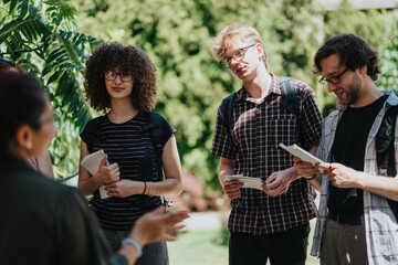 A diverse group of students interact outside with notebooks, sharing ideas and learning together in...