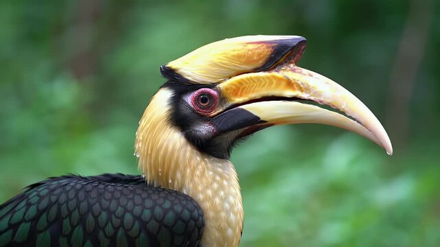 Close-up profile of a majestic Great Hornbill bird with distinctive casque and large beak in its natural jungle habitat.