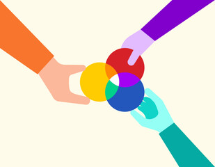 Three hand holding merge of three circle, company equity merge teamwork concept illustration