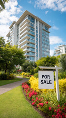 Real estate sign displaying "For Sale" in front of modern apartment building surrounded by lush greenery and colorful landscaping, indicating property availability and investment opportunity

