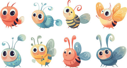 Naklejka premium A colorful vector illustration set of funny cartoon monsters and cute animal characters with insects and flowers