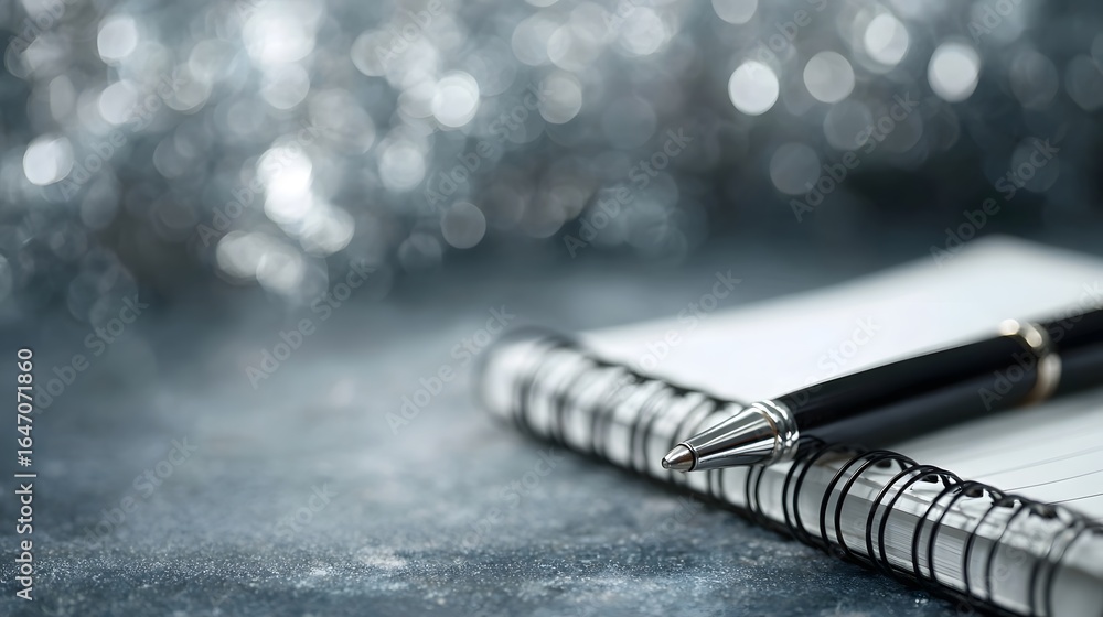 Poster notebook with list and pen on a reflective surface