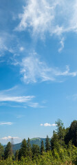 A stunning vertical view of rolling mountains under a clear blue sky, perfect for travel ads,...