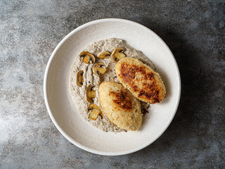cutlets with mushroom puree and champignons