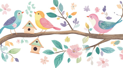 Fototapeta premium Cute pink birds on a floral tree branch illustration with vintage leaves and blossom for spring design