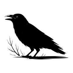 Fototapeta premium Black crow with open beak standing on ground near bare branches bird white
