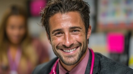 Fototapeta premium A friendly and confident male doctor smiling warmly, wearing a stethoscope in a medical setting