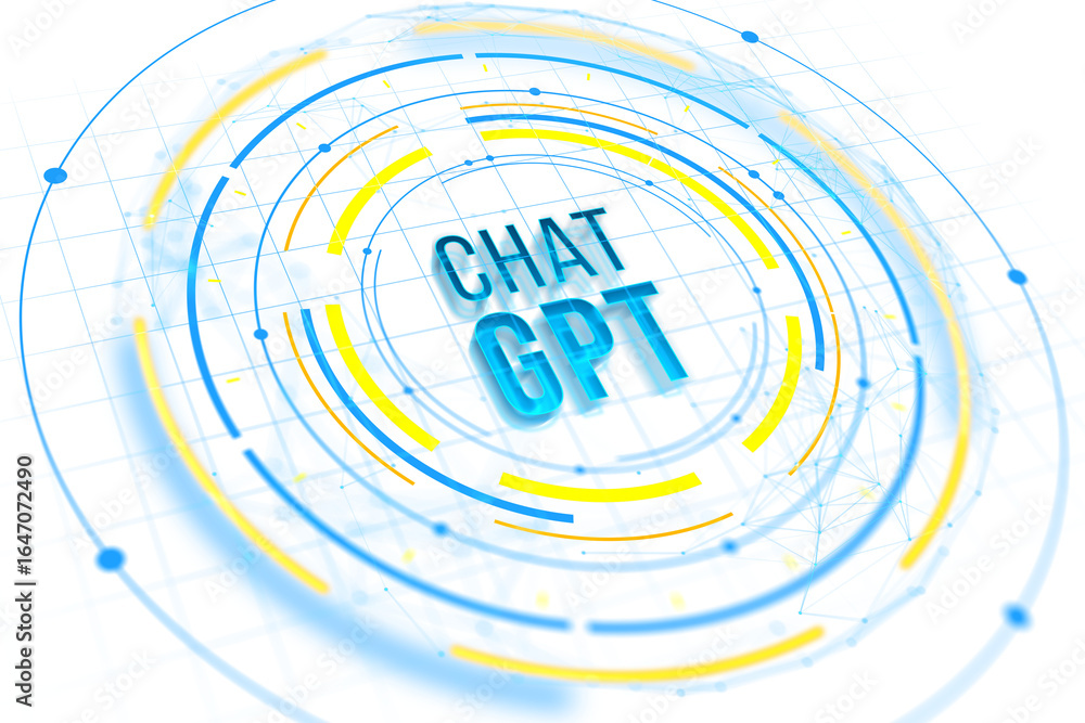 Poster abstract neon blue chatgpt ui text with yellow rings and circular hud design on light transparent wh