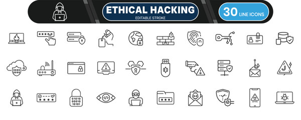 Ethical Hacking Awareness Line Icon Set for Cyber Security Education, Threat Analysis and Safe Online Practices