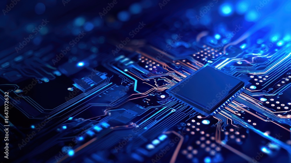 Aufkleber close-up view of a computer motherboard showcasing intricate circuitry and glowing connections