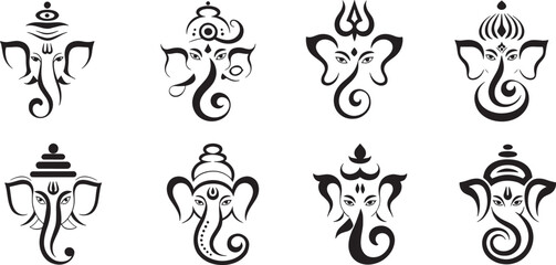 Hand drawn black and white lord ganesha icon illustration for Indian wedding and ganesh Chaturthi festiva.
