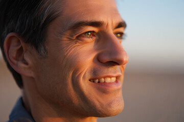 Fototapeta premium A handsome middle-aged man smiling warmly while looking into the distance during a golden hour sunset.