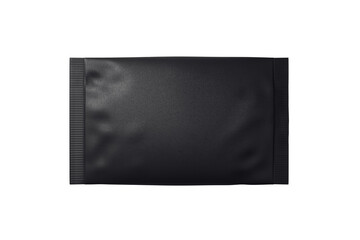 Black square sachet with sealed edges shown isolated on clean white background, used as a blank mockup for branding and product presentation. 3D Rendering