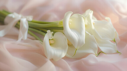 A bouquet of white calla lilies on a soft pastel background