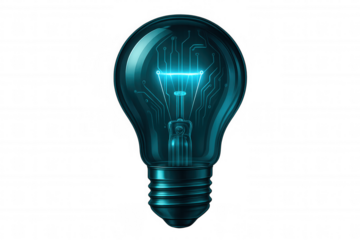 Glowing light bulb revealing intricate digital circuitry, symbolizing cutting-edge technological innovation against transparent backdrop