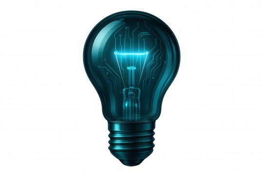 Glowing light bulb revealing intricate digital circuitry, symbolizing cutting-edge technological innovation against transparent backdrop